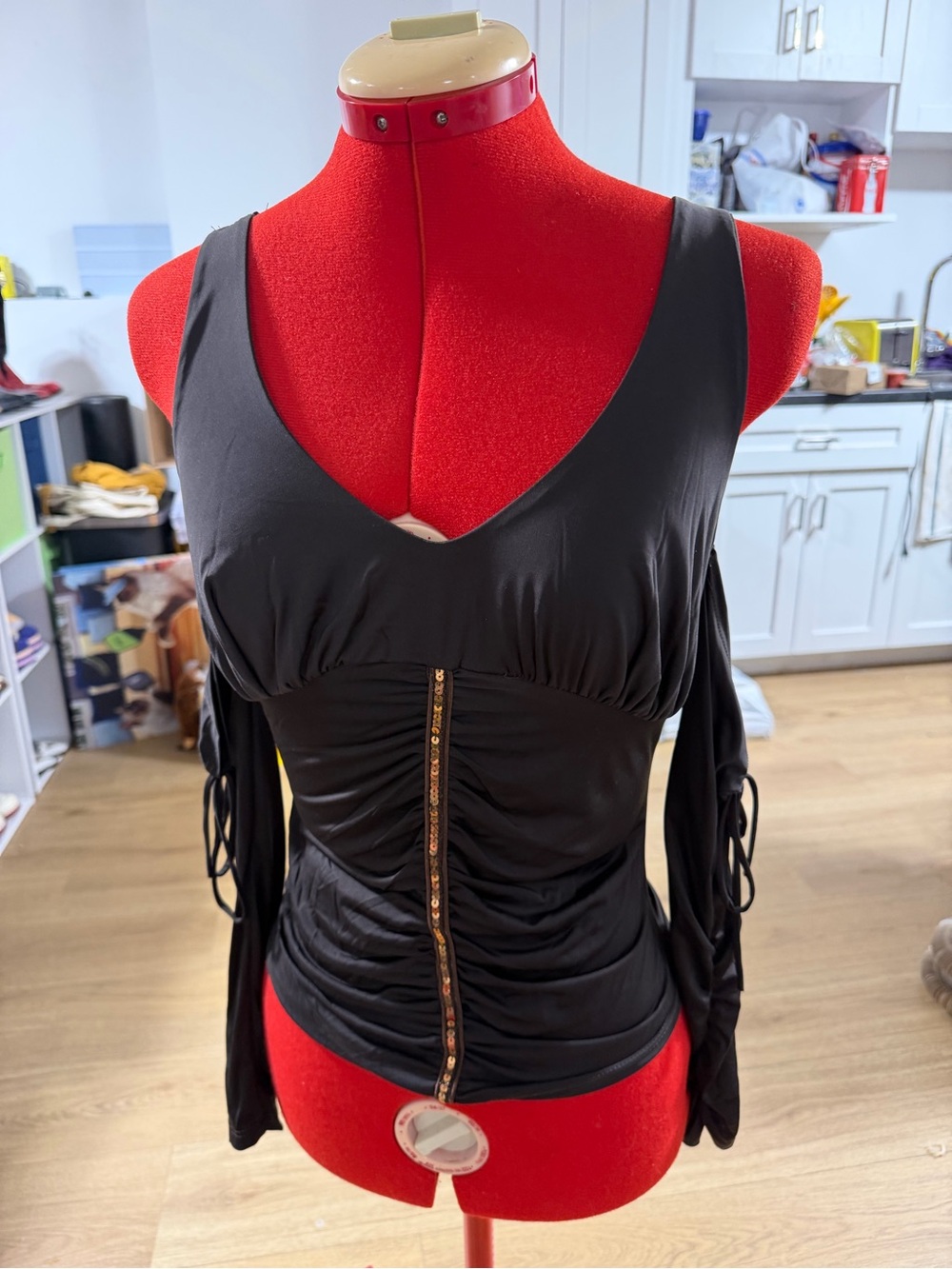Double Zero Cold-Shoulder Ruched Front Long Sleeve Top with Center Sequins